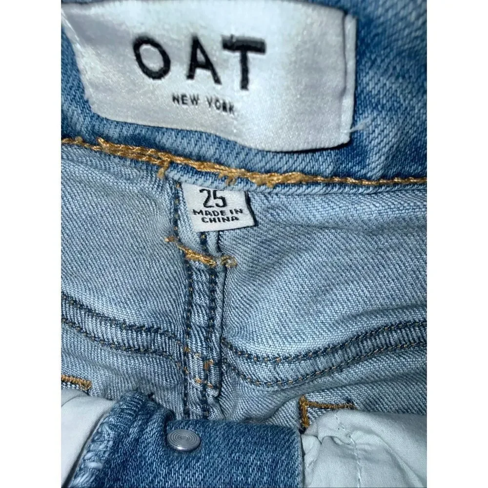 OAT High Rise Straight Crop Button Fly Raw Hem light wash Jeans Sz 25 #749